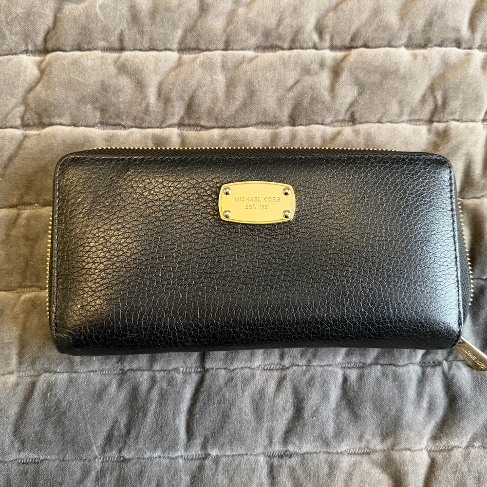 Michael Kors Black Pebbled Leather Wallet with Gold Plaque
